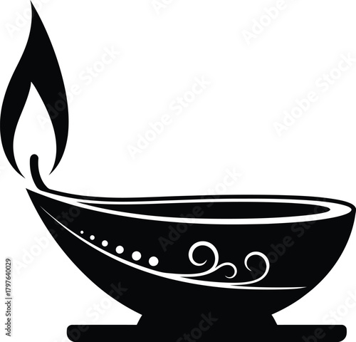 Decorative Diya Lamp Silhouette Vector Art, Elegant Black and White Illustration of a Traditional Indian Earthen Oil Lamp with Swirl and Dot Motifs, Perfect for Diwali and Hindu Religious Graphics.