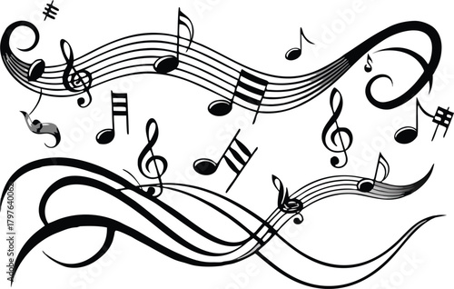 Elegant musical notes and staff design with treble clefs and wavy lines
