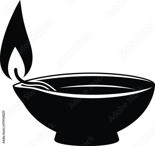 Traditional Clay Oil Lamp (Diya/Deepak) Silhouette - Black and White Icon/Symbol of Spirituality, Light, Prayer, Hope, and Festival Celebration, Perfect for Diwali and Pooja.