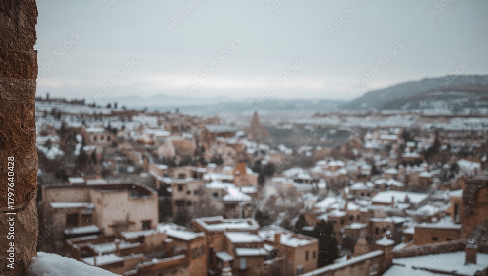 Obraz premium Snowy landscape in Cappadocia, winter scenery from a balcony, tranquil atmosphere