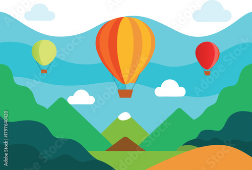 3Colorful hot air balloons floating over green mountains and blue sky