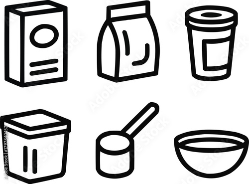 Cereal Packaging Outline Icons Set Box, Bag, and Single Serve Cup