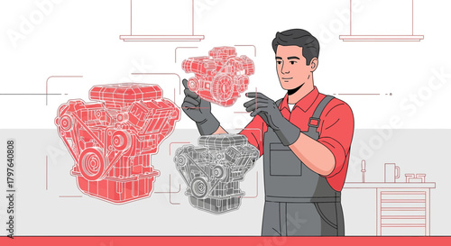 Innovative automotive engineer using augmented reality to analyze engine designs in workshop