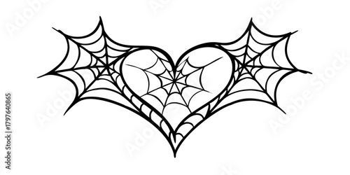 Spider web in shape of heart. Spiderweb in gothic design for Valentine's Day or Halloween. Hand drawing illustration isolated on white background. Vector EPS 10 . AI generated.