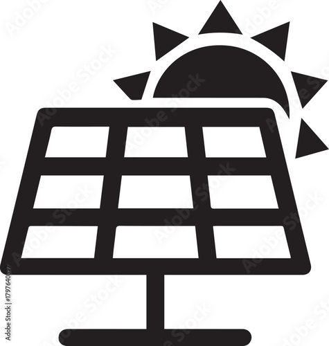 A simple, stylized black and white graphic representing a solar panel and the sun, symbolizing renewable energy.