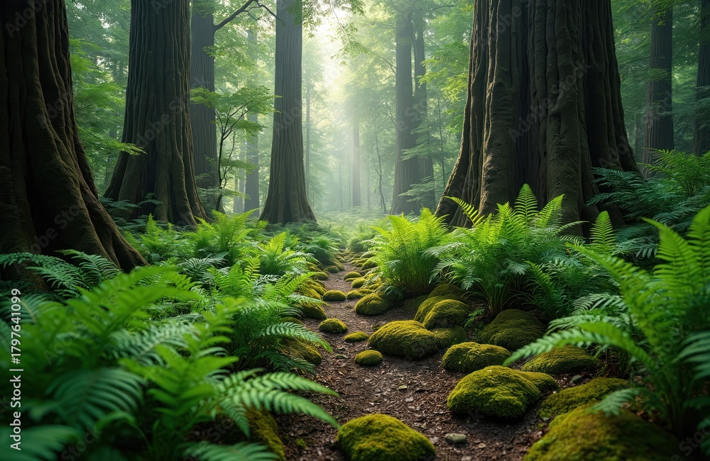 Fototapeta premium Ancient forest path winds through tall trees. Green ferns, moss covered rocks line trail. Sunlight filters through canopy, creating serene natural scene in deep primeval woods. Eco journey concept.