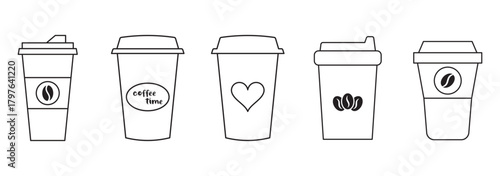 Disposable coffee cup icon set. Coffee to go, takeaway paper cup symbol. Editable stroke. Vector illustration.