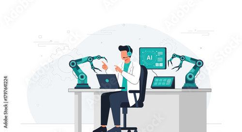 Innovative healthcare professional interacting with advanced robotic technology at work