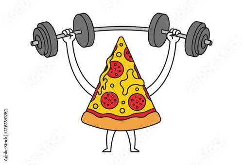 Funny slice of pepperoni pizza lifting heavy weights, quirky food pun for gym lovers, fitness humor, healthy lifestyle balance, cheat day motivation