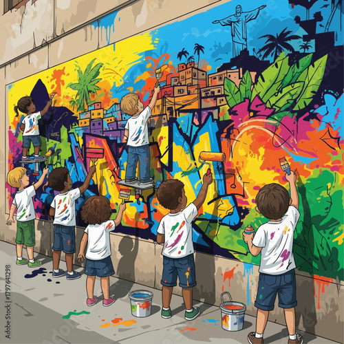Vector of cute Brazilian kids painting colorful murals on a city wall