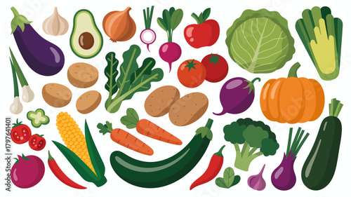 Colorful assortment of fresh organic vegetables and healthy ingredients for cooking, nutrition, and vegetarian diets illustration.