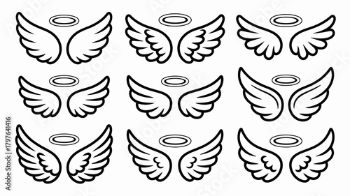 Set of various black outline angel wings with halos, perfect for divine, spiritual, or symbolic design elements and angelic concepts vector.