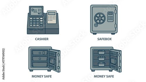 Cashier and safe icons flat vector design for finance and security