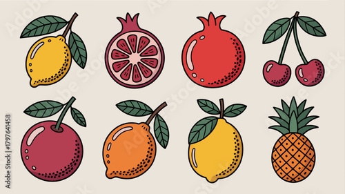 Vibrant hand-drawn fruit collection illustration featuring lemons, pomegranates, cherries, orange, and pineapple for healthy eating and natural freshness.