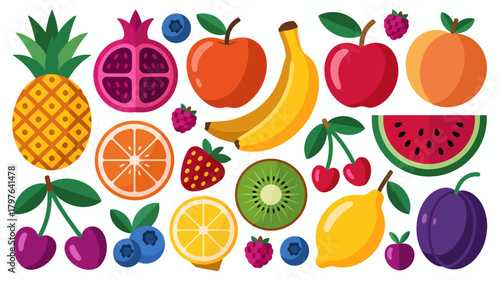 Vibrant collection of fresh, ripe, and healthy fruits and berries in a clean, modern flat design vector illustration, isolated.