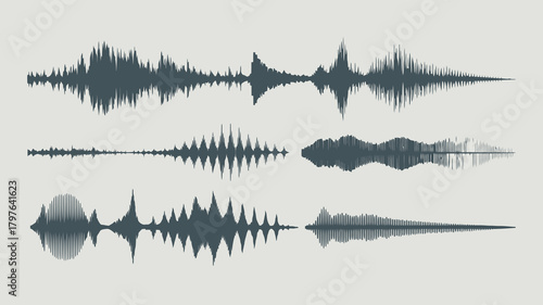 Abstract visualization of various digital sound waves and audio waveforms illustrating frequency and amplitude against a clean background