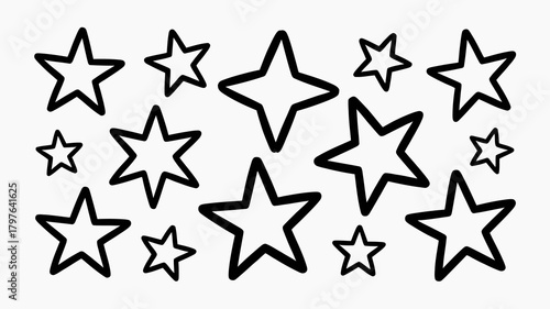 Stylized black outline stars of varying points and sizes randomly scattered on a clean white background, ideal for decorative patterns.