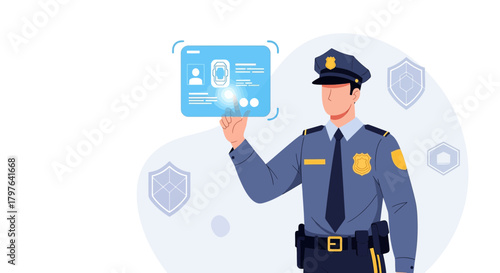 Innovative police officer using digital interface for advanced criminal database monitoring and