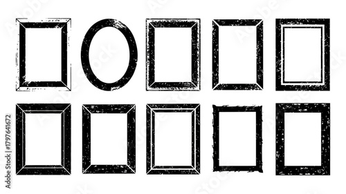 Collection of 10 distressed grunge textured frames including various rectangular and one oval shape for vintage design projects.