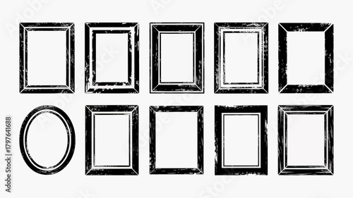 Grungy distressed picture frames collection with various rectangular and oval shapes, ideal for antique art displays and creative photo borders set