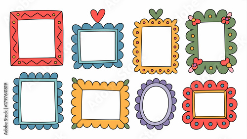 A charming collection of vibrant hand-drawn doodle frames, featuring scalloped edges, hearts, and flowers, perfect for creative design projects and photo borders.