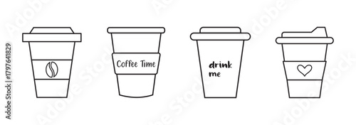 Disposable coffee cup icon set. Coffee to go, takeaway paper cup symbol. Editable stroke. Vector illustration.