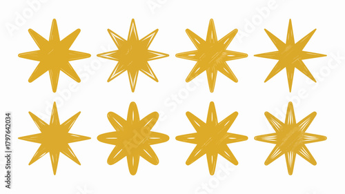 Hand-drawn golden star collection with a whimsical doodle texture, perfect for holiday decorations, awards, and festive designs.