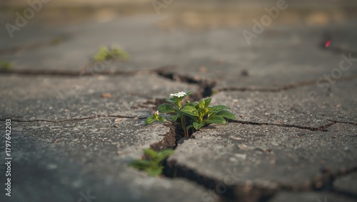 Fototapeta Naklejka Na Ścianę i Meble -  Plants growing in floor cracks, showcasing resilience in urban spaces