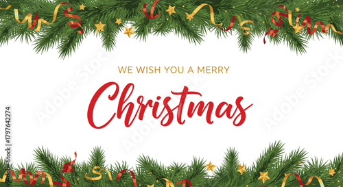 Christmas greeting card illustration—pine brancheChristmas greeting card illustration—pine branches with streamers and stars framing “We Wish You a Merry Christmas” festive typography