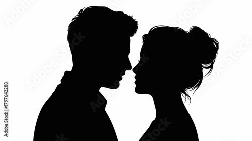 Close silhouettes of a loving couple, man and woman, gazing intimately. represents romance, connection, passion, and true affection.