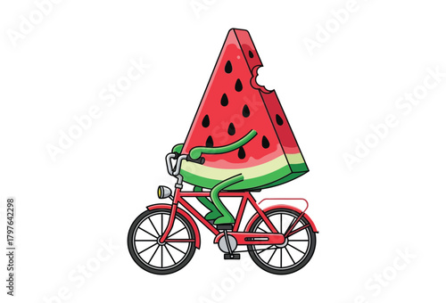 Whimsical watermelon slice character joyfully riding a bicycle, a delightful and playful summertime image that brings a smile with its unique charm