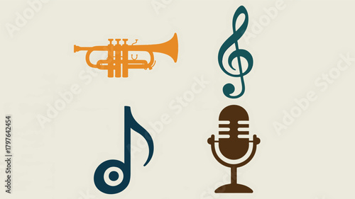 Music icon set trumpet microphone and notes vector illustration