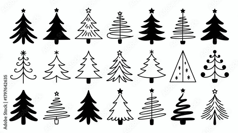 Obraz premium Collection of diverse hand-drawn christmas tree doodles, featuring various festive holiday season evergreen silhouettes and line art designs perfect for winter celebrations.