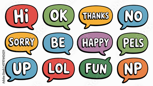 Vibrant, hand-drawn speech bubbles featuring diverse conversational words and phrases like "hi," "ok," "thanks," "lol," ideal for modern communication.