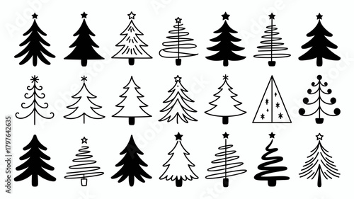 Collection of diverse hand-drawn christmas tree doodles, featuring various festive holiday season evergreen silhouettes and line art designs perfect for winter celebrations.