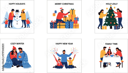 Holiday celebration illustration—six festive scenes with snowman, gift-giving, tree decorating, cozy winter, New Year, and family dinner
