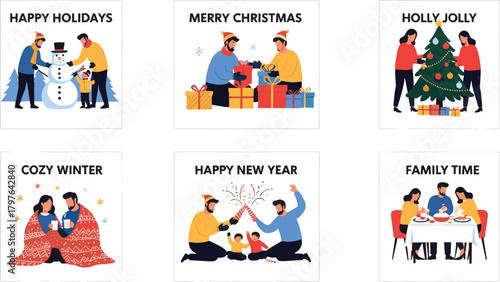 Holiday celebration illustration—six festive scenes with snowman, gift exchange, tree decorating, cozy winter, New Year, and family time