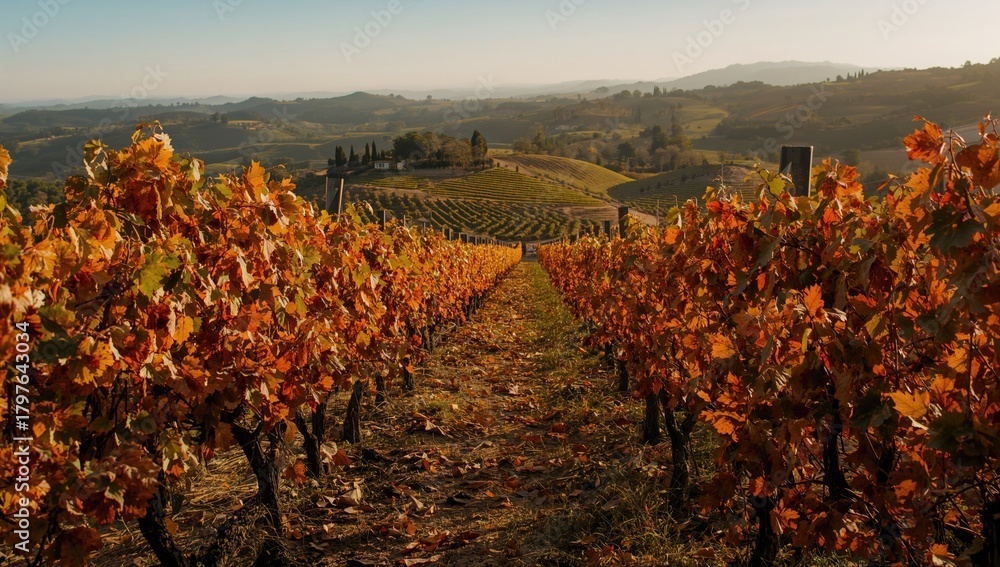 Fototapeta premium Garraf vineyards during autumn with brown foliage, showcasing seasonal change