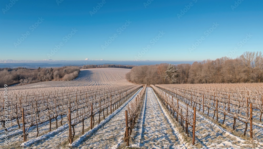 Obraz premium Vineyard covered in snow, seasonal change