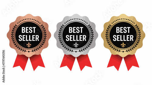 Best seller award badges set: premium gold, silver, and bronze medals with elegant red ribbons for product quality recognition