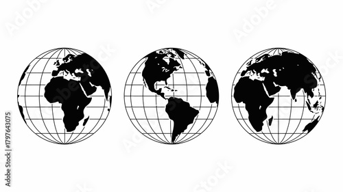 Three distinct black and white outline globe icons illustrating different world regions with latitude and longitude lines