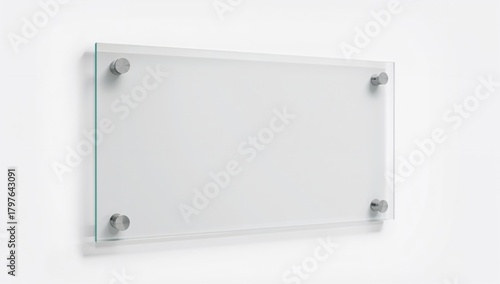 Transparent glass nameplate mounted on metal spacers, ideal for branding display