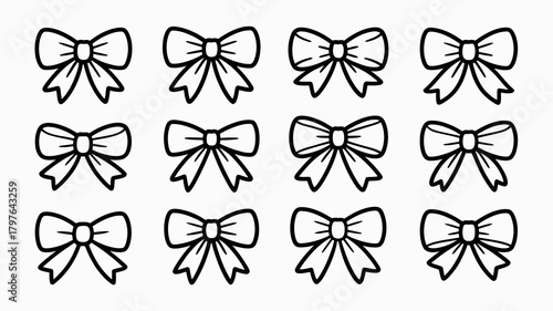 Simple black outline bows collection for gifts, celebrations, holidays, decorative accents, graphic design, and festive occasions.