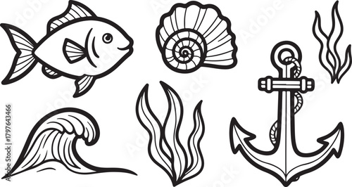 Nautical Ocean Life Icons and Marine-Themed Illustration Set