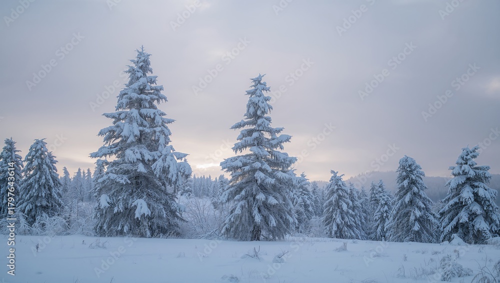 Naklejka premium Winter landscape with snow-laden evergreen trees, showcasing seasonal change