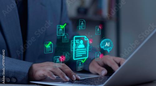 Man uses AI for resume screening and HR technology, with AI brain automating candidate approval and rejection in an ATS.