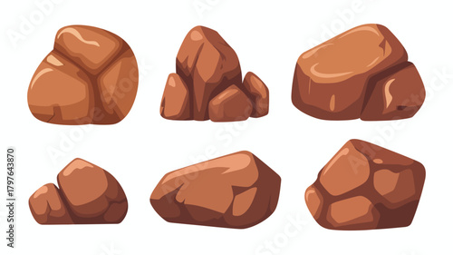 Collection of six cartoon style brown rocks, boulders, and stones with smooth textures and natural shapes, isolated on white