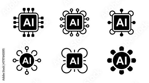 Artificial intelligence processor chip icons set, diverse designs for machine learning, neural networks, and digital technology concepts.