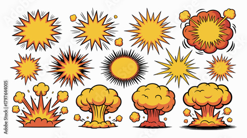 Comic book explosion and bang effect set, cartoon boom bubble, nuclear blast burst, smoke and fire energy burst shapes collection