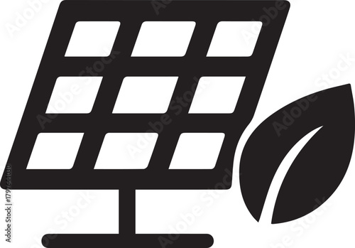 A black and white icon featuring a solar panel next to a leaf, symbolizing clean energy and environmental friendliness.
